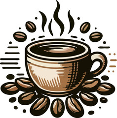 Vintage Coffee Cup Line Art Logo – Retro Engraving Style Mug with Coffee Beans Vector Illustration