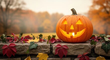 Glowing Jack-o'-lantern on a Stone Wall with Autumn Leaves, Halloween, Pumpkin, Carved