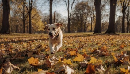Fototapeta premium Dog Running Through Autumn Leaves in a Park.