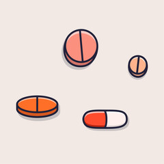 Medicine Pills and Capsule Line Art Illustration Showing Various Medical Tablets and Capsules Used for Treatment, Pain Relief, and Daily Healthcare Maintenance