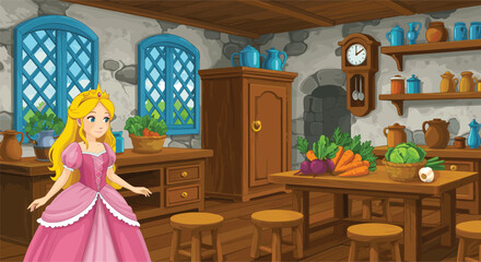 Beautiful fairytale princess in medieval kitchen with vegetables, wooden furniture, and vintage decor, fantasy castle cooking room illustration