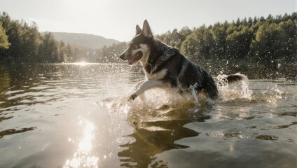 German Shepherd Dog Splashing Joyfully in a Sunlit Lake.