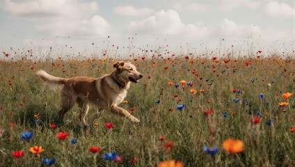 Golden Retriever Dog Running Through a Field of Wildflowers.