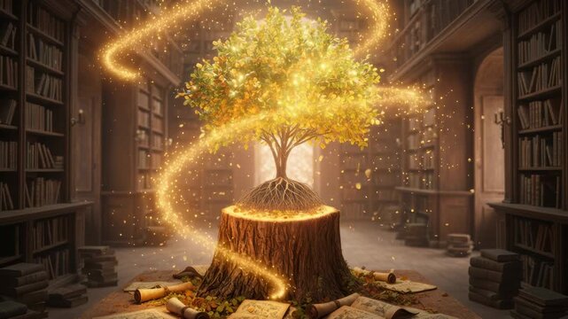 Glowing magic tree of knowledge inside fantasy library, wondrous books light showing spiral path to wisdom