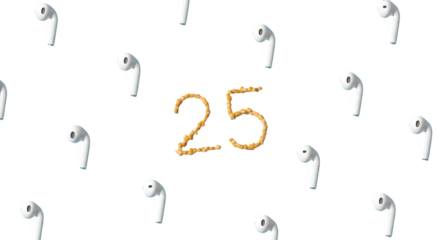 Floating wireless earbuds around a number twenty five made of french fries on a black background