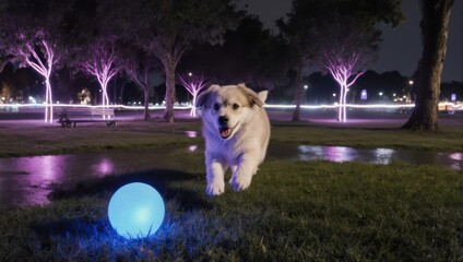Happy Dog Playing With Glowing Ball in Park at Night.