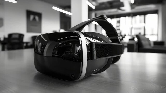 A black and white of a virtual reality headset. The headset is on a table. The table is in a room with a couch and a chair