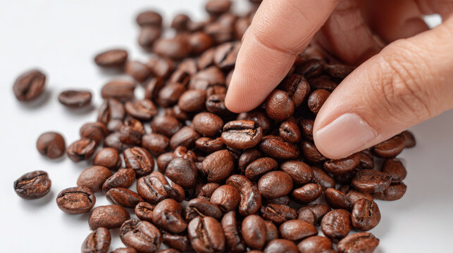 Roaster&rsquo;s Real Hand Inspecting Roasted Coffee Beans in a Close-Up Clean Style Against a White Background