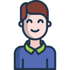 Simple Flat Icon Of A Smiling Man With Brown Hair Wearing A Blue Shirt With A Green Collar Against A Transparent White Background