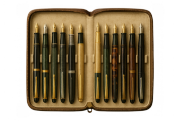Vintage fountain pens collection in open leather case displaying classic writing instruments with gold nibs, transparent background