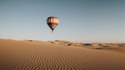 Hot Air Balloon Soaring Over Rippling Desert Dunes Under a Clear Sky.