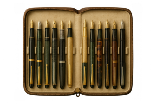 Vintage fountain pens collection in open leather case displaying classic writing instruments with gold nibs, transparent background