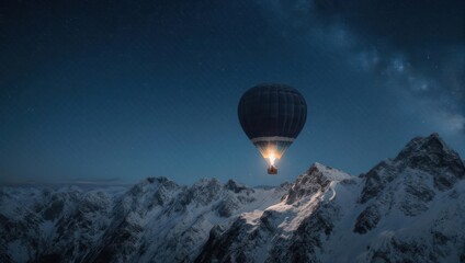 Hot Air Balloon Soaring Over Snow-Capped Mountains Under a Starry Night Sky.