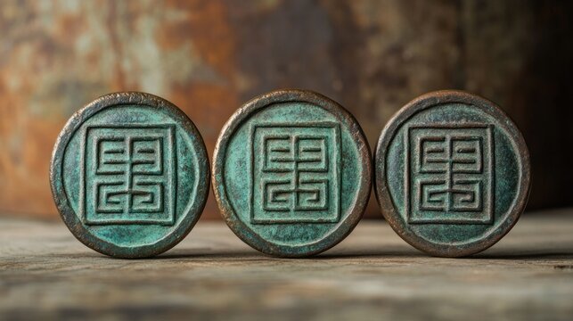 Three ancient I Ching coins, bronze with verdigris, characters subtly luminous, as if just cast, revealing a hexagram of light lines
