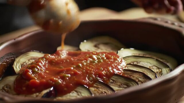 Preparing a Delicious Homemade Eggplant Parmesan Dish.