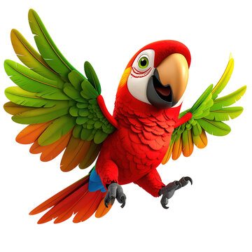 A vibrant, animated macaw with open wings, beak, and legs, in mid-flight against white, clipart, isolated on a transparent background.