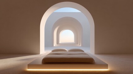 Modern and minimalist bedroom with a large arched doorway in the center. the doorway is made of white stone and has a smooth, polished surface.