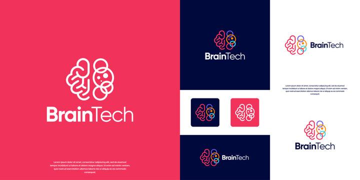 logo of educational innovation with artificial technology systems, symbols of the human brain, nerve cells, graphic design illustrations.