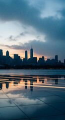 Obraz premium Cityscape Reflection at Dusk - Urban Silhouette and Water Reflections.