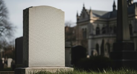 Empty Tombstone in Cemetery with Blurred Building, Gravestone, Graveyard, Memorial