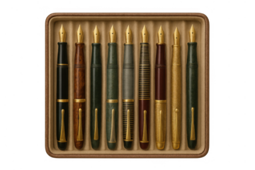 Luxury fountain pen collection set presenting vintage writing instruments and golden nibs on transparent background