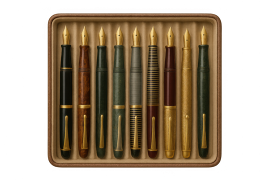 Luxury fountain pen collection set presenting vintage writing instruments and golden nibs on transparent background
