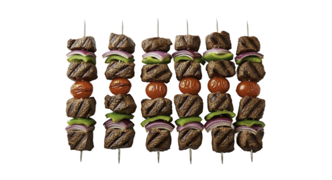 Grilled Meat Skewers with Fresh Vegetables on a Gradient Background