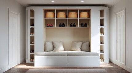 Fototapeta premium Modern and spacious walk-in closet with a built-in bench in the center. the bench is white and has three beige throw pillows on it.