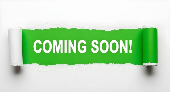 Torn paper revealing a bright green background with the text coming soon in white capital letters