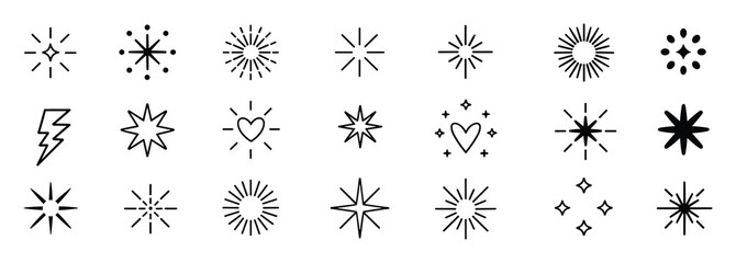 Set of Black Line Art Starbursts and Sparkle Icons