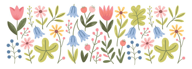 Seamless Pattern Of Stylized Flowers And Leaves In Pastel Colors