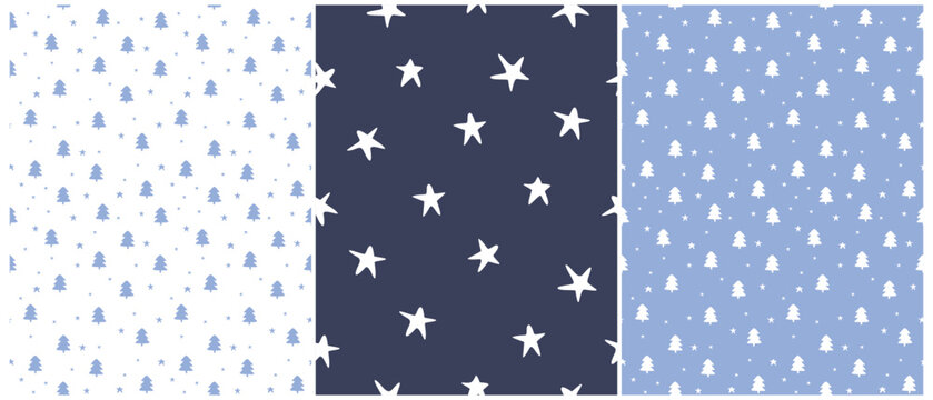 Hand Drawn Seamless Winter Holiday Vector Patterns &ndash; Christmas Trees and Stars in Festive Color Variations. Small Blue Trees And Stars On A White And Light Blue Background. Stars On Navy Blue.