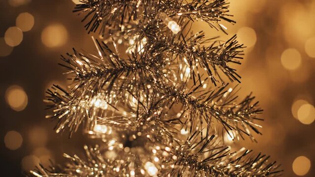 Golden tinsel branches with bokeh lights and sparkles on festive tree decoration