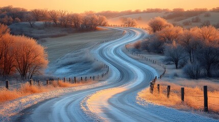 Winding country road in frosty winter sunrise