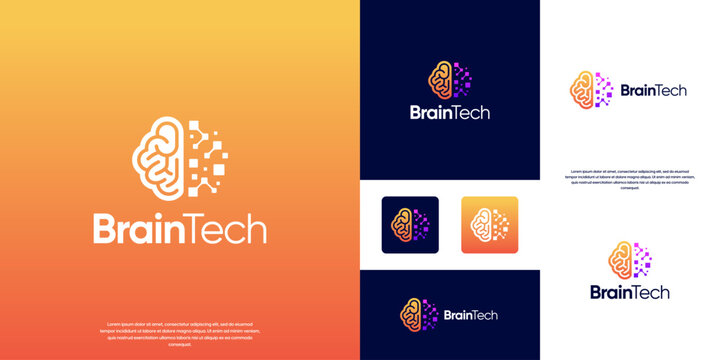Human brain logo with pixel fragments, artificial intelligence, neural network, solutions, vector illustration graphic.