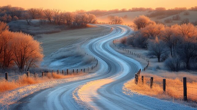 Winding country road in frosty winter sunrise - Powered by Adobe