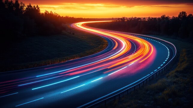 Winding highway at sunset, light trails