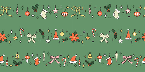 Seamless Christmas pattern with cute bows, tree decorations. Trendy horizontal stripe background. Hand drawn vector illustration. Holiday wrapping paper, wallpaper, social media xmas banner.