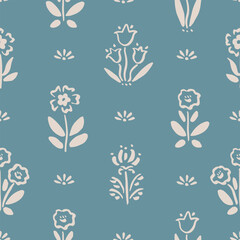 Seamless pattern with freehand ink doodle abstract flowers on blue. Trendy floral block print background. Hand drawn vector illustration. Boho, cottage core, retro wallpaper.