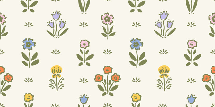 Seamless pattern with freehand ink doodle abstract flowers. Trendy floral block print background. Hand drawn vector illustration. Boho, cottage core, retro wallpaper.