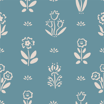 Seamless pattern with freehand ink doodle abstract flowers on blue. Trendy floral block print background. Hand drawn vector illustration. Boho, cottage core, retro wallpaper.