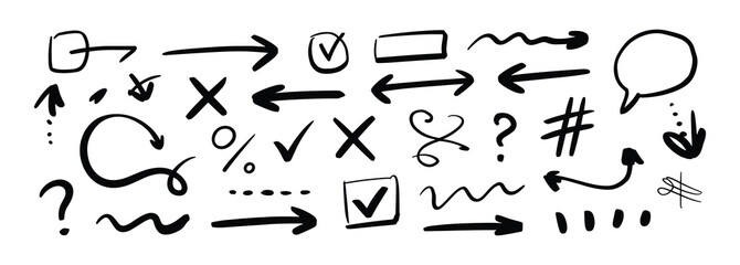 Hand drawn arrows, check marks, and symbols on white