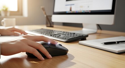 Person using a computer mouse on a wooden desk with a monitor in the office