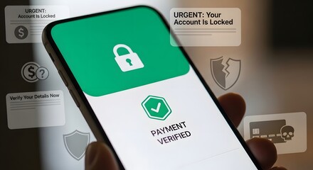 A smartphone displaying a payment verified message and urgent account locked notification
