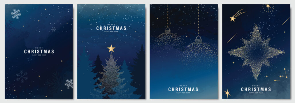 Christmas Luxury gold  invitation card design vector. Christmas pine leaves, snowflake with gold foil and spot texture on navy blue background. Design illustration for cover, print, poster, ads.