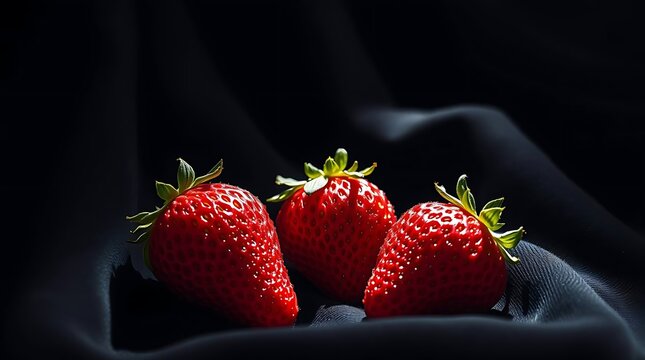Three vibrant strawberries arranged on draped black fabric background