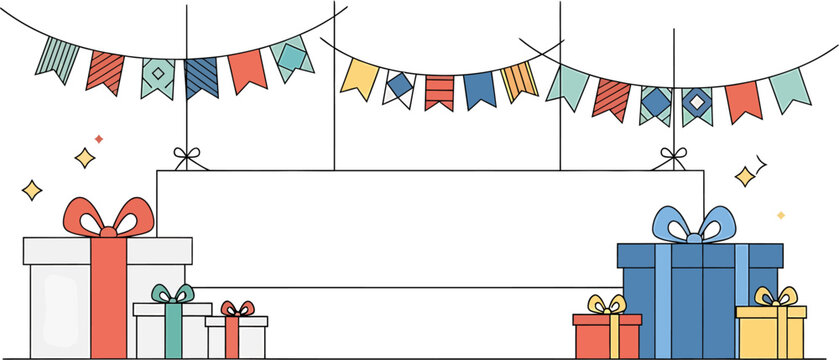 Festive celebration scene with colorful flags and an assortment of beautifully wrapped gift boxes, ideal for holiday announcements, party invitations, or event promotions