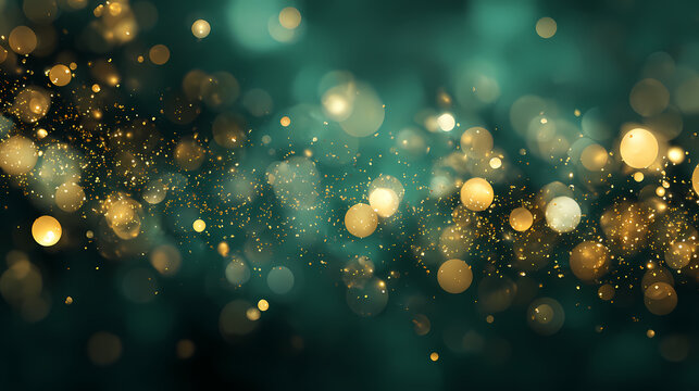 Abstract golden glitter and bokeh lights shimmering brightly on a dark teal background, creating a luxurious and festive visual effect perfect for celebrations and special occasions