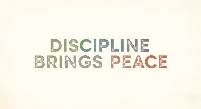 A minimalist typographic design displaying the message 'Discipline Brings Peace' with colorful, bold letters on a plain background