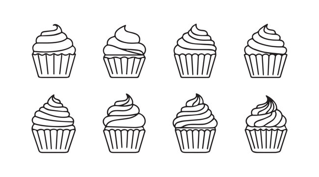 Eight hand drawn outline cupcake silhouettes with swirled frosting and striped liners